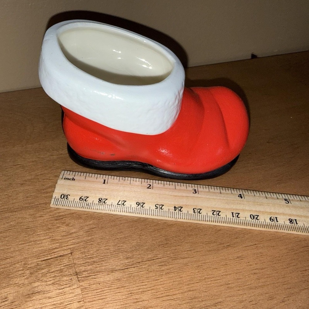 Vintage Ceramic Santa Boot Planter Christmas Candy Dish Red White Holiday Decor - Picture 5 of 6